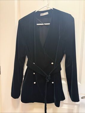 Zara Dark Green Velvet Wrap Blazer with Pearl Buttons